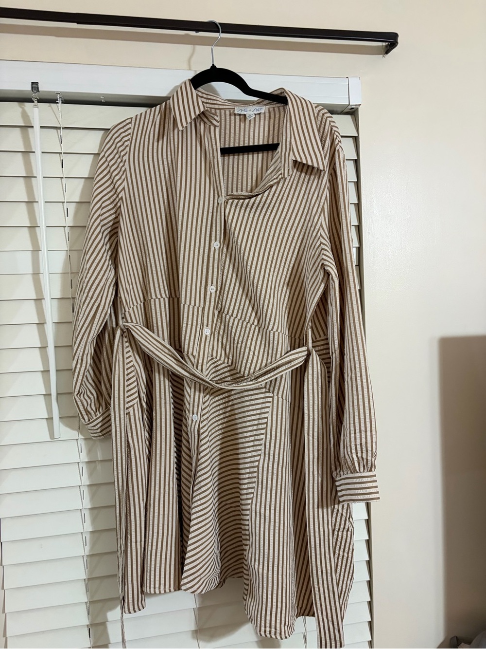 She + Sky Beige and White Striped Long Sleeve Shirt Dress with Waist Tie